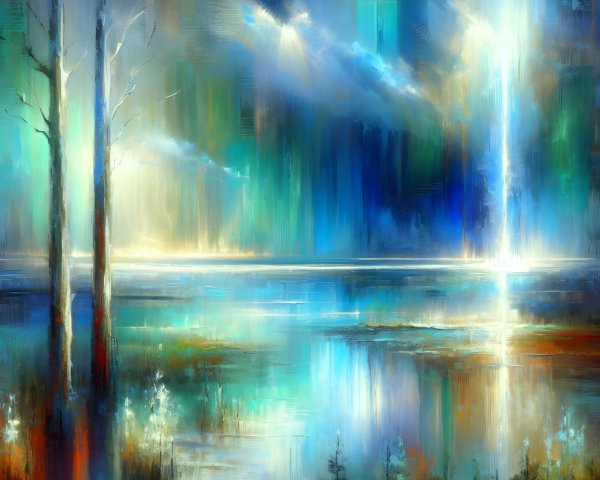 Vibrant Abstract Landscape with Reflective Water Body