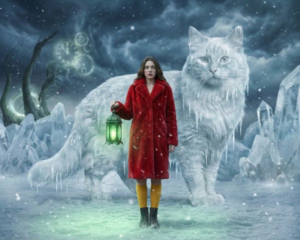 Young Woman with Lantern and Ice Cat in Snowy Scene