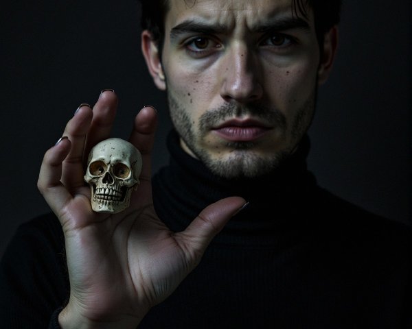 Young Man in Black Turtleneck Holding Skull