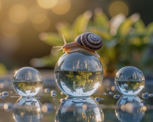 Delicate Snail on Glass Sphere with Green Foliage