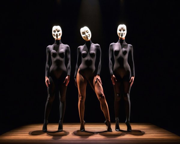 Three women in black bodysuits with white masks on stage