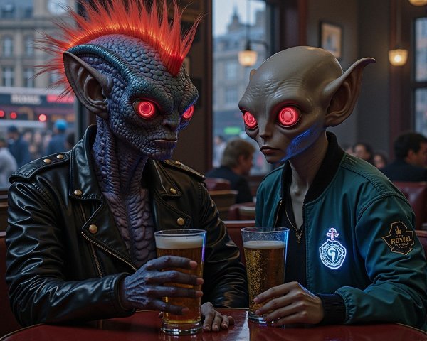 Extraterrestrial Beings in a Cozy Bar Setting