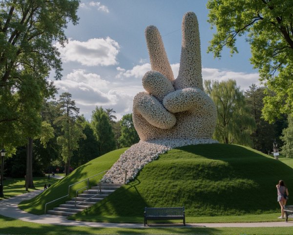 Sculpture of a hand making a peace sign on a hill