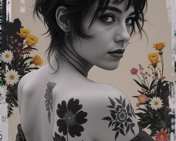 Black and white portrait of a tattooed woman with flowers