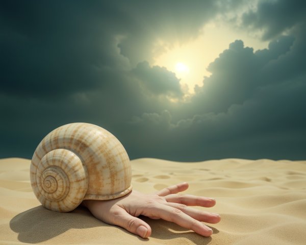 Surreal Landscape with Hand and Spiraled Sea Shell