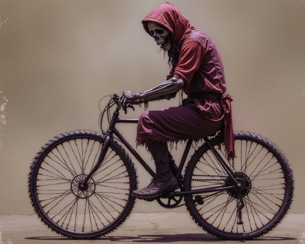 Skeletal Figure in Tattered Cloak on Vintage Bicycle