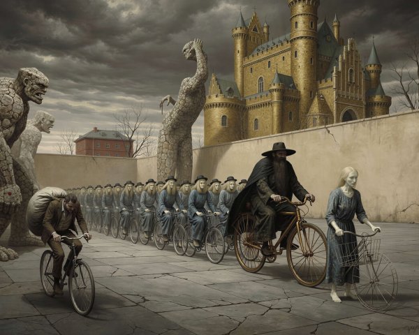 Dark Fantasy Illustration of a Bicycle Procession