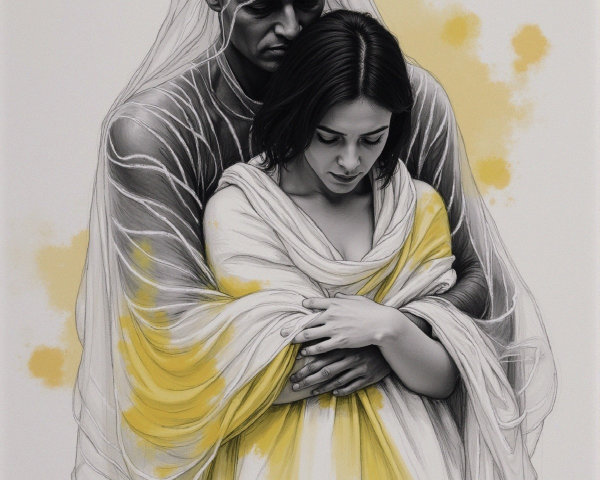 Emotional Embrace of Two Figures in Monochrome Art