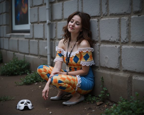 Young Woman in Colorful Outfit by Gray Brick Wall
