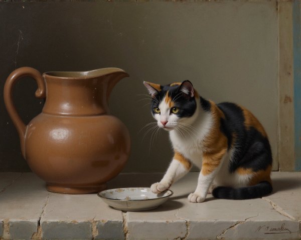 Calico Cat Beside Brown Pitcher in Soft Background