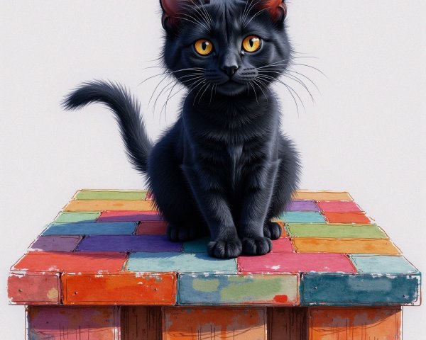 Black Cat on Colorful Patchwork Stool with Golden Eyes
