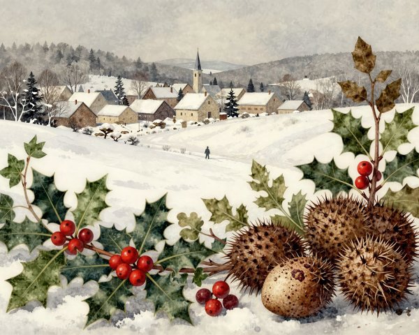 Watercolor Winter Village Scene with Holly and Chestnuts