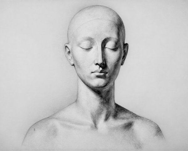 Monochrome Drawing of Bald Person with Closed Eyes