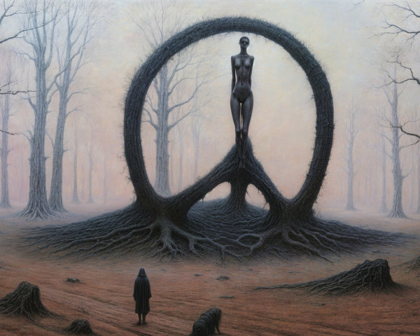 Surreal Landscape with Twisted Peace Symbol and Figures