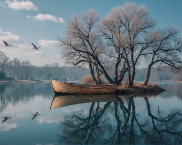 Serene Lakeside Scene with Boat and Island Reflections