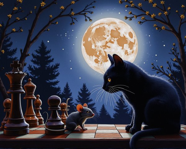 Moonlit Forest Standoff: Cat and Mouse on Chessboard