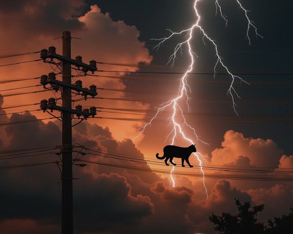 Dramatic Sky with Lightning and Cat on Power Line