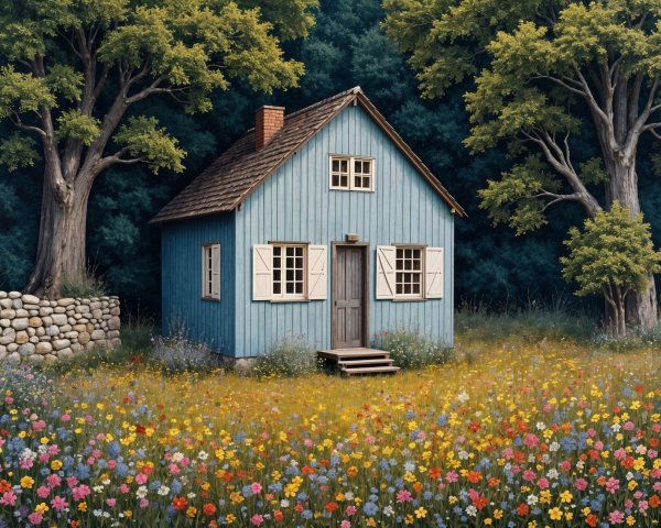 Charming Blue Cottage in Colorful Flower Meadow