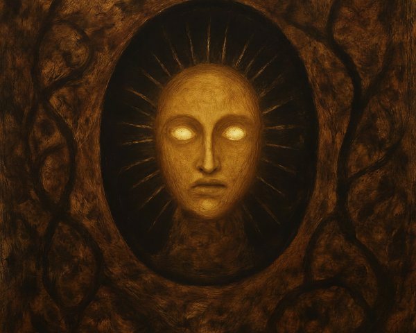 Dark Fantasy Artwork of a Glowing Sun God in Void