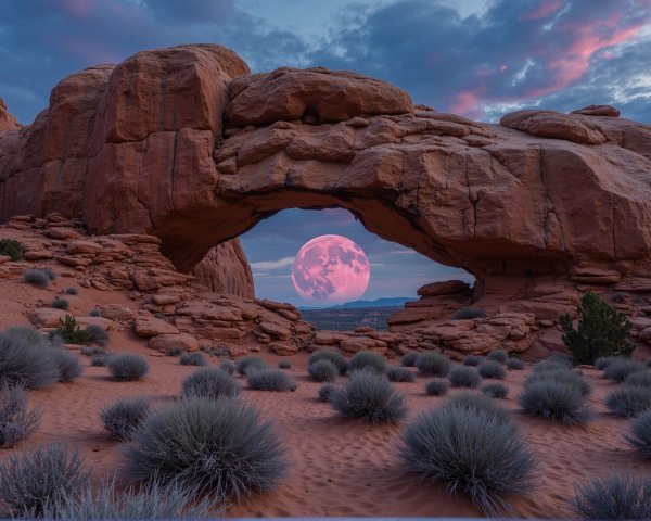 Desert Landscape with Rock Arch and Dramatic Sky