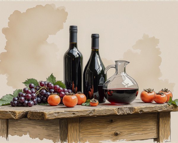 Rustic Still Life with Wine, Grapes, and Persimmons