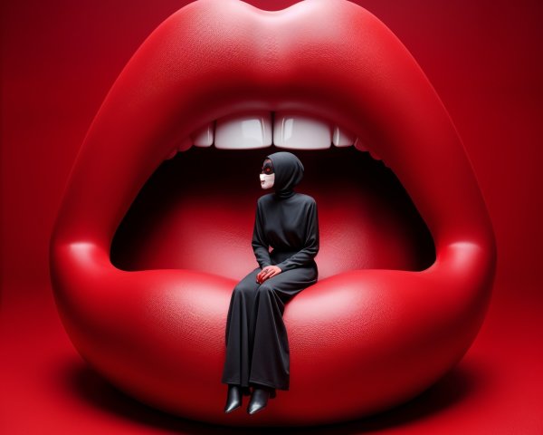 Glossy Red Lips and Contemplative Figure Contrast