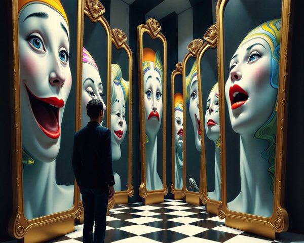 Surreal Room with Ornate Mirrors and Checkerboard Floor