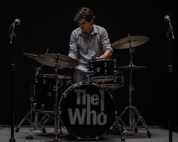 Young drummer with classic black drum set on stage