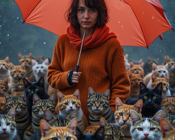 Woman in orange sweater with colorful cats under umbrella