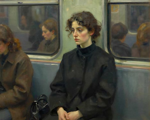 Portrait of a Thoughtful Young Woman on Subway Train