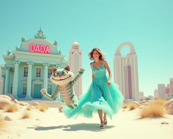 Whimsical Desert Scene with Woman and Cartoon Cat