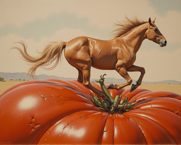 Muscular Horse Running on a Giant Red Tomato