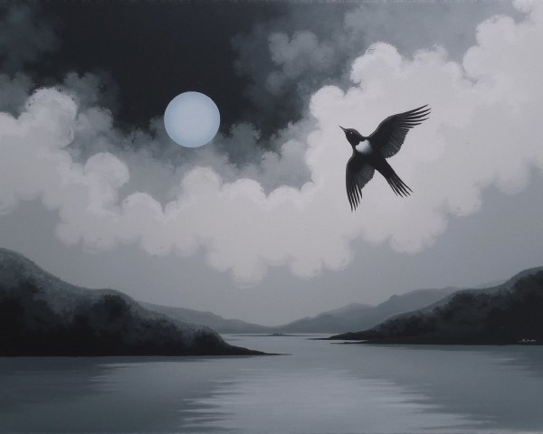 Black-and-White Landscape with Lake and Moon
