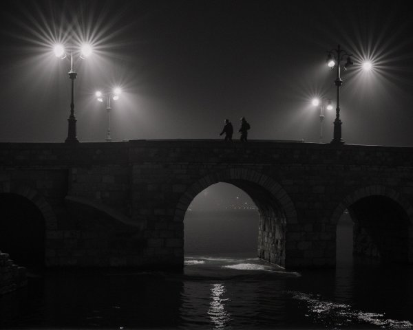 Silhouetted Bridge at Night with Street Lamps and Fog