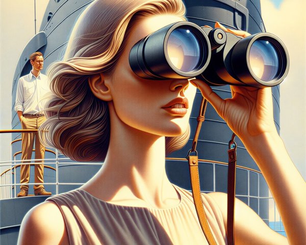 Retro Nautical Scene with Woman and Man on Ship Deck