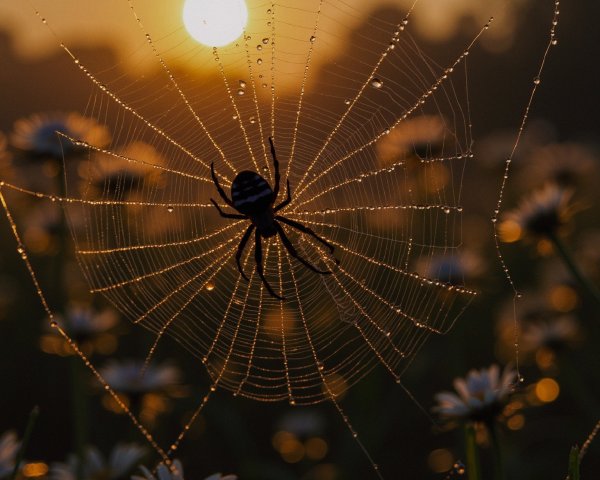 Spider Silhouette in Dewy Web at Sunrise