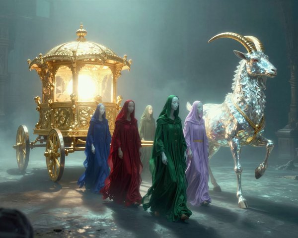 Golden Carriage Pulled by Stylized Horned Animal