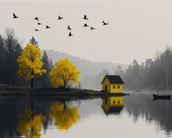 Serene Landscape with Yellow House and Calm Lake
