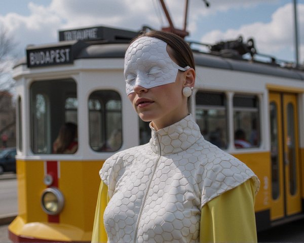 Model in Unique Outfit by Vintage Tram in Budapest