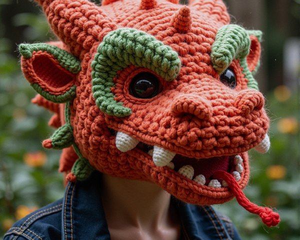 Vibrant Orange Crochet Dragon Headpiece in Garden