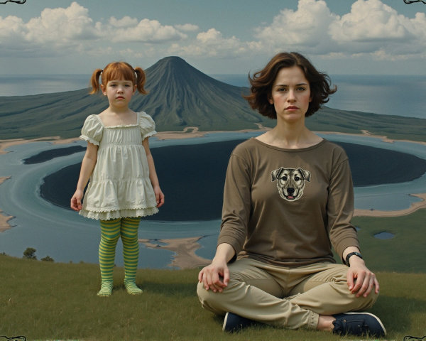 Woman in Meditative Pose with Girl on Hilltop