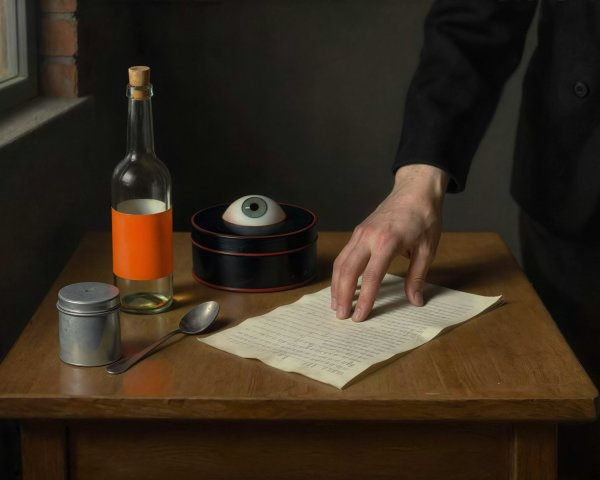Still Life Oil Painting Featuring Surreal Objects and Figure