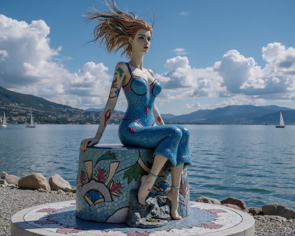 Mosaic Sculpture of Woman by Water with Sailboats