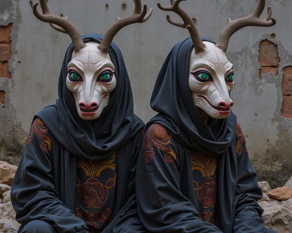 Individuals in Animal Masks on Rocky Surface