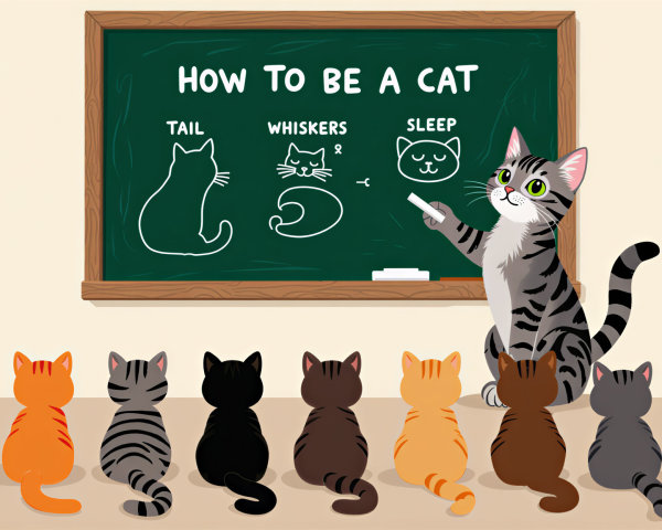 Classroom Scene with Cat Traits Illustrated on Chalkboard
