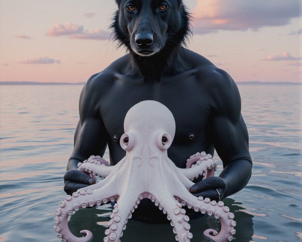Muscular Figure with Dog's Head at Sunset with Octopus