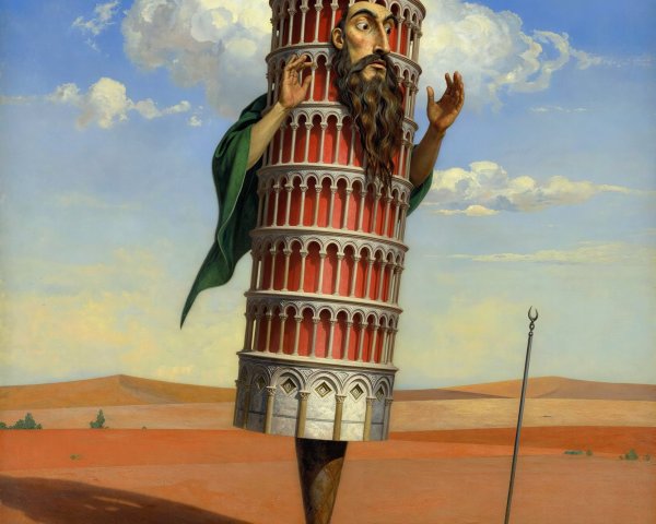 Surreal Painting of Leaning Tower as a Bearded Man