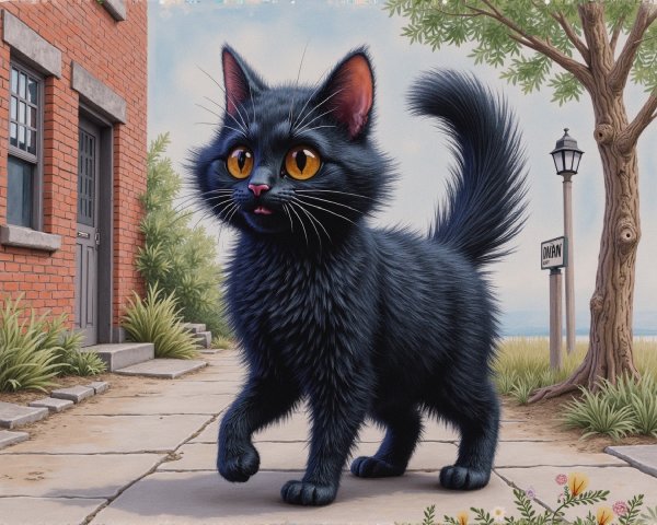 Fluffy Black Cat Walking on Cobblestone Pathway