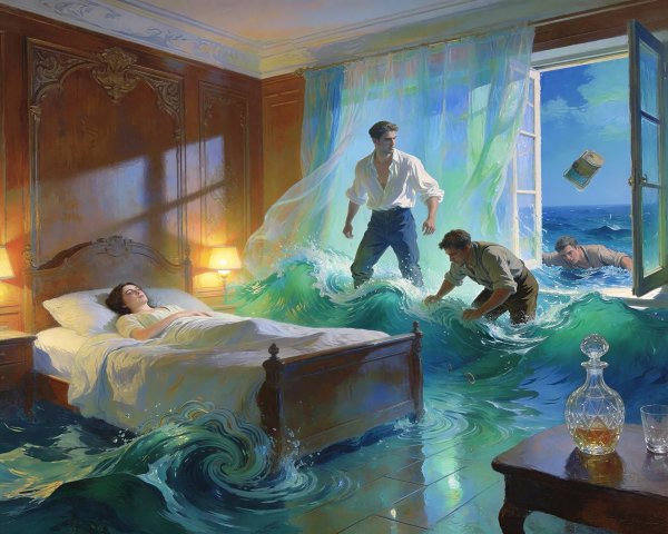Flooded Bedroom Scene with Sleeping Woman and Storm