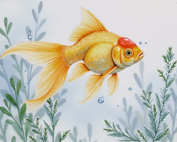 Goldfish in a serene underwater scene with bubbles